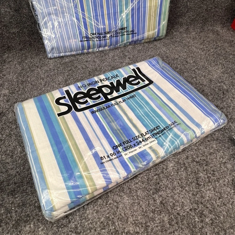 Full Size New Vintage Sheet Set Blue & White Stripes Sleepwell Fitted Flat Cases